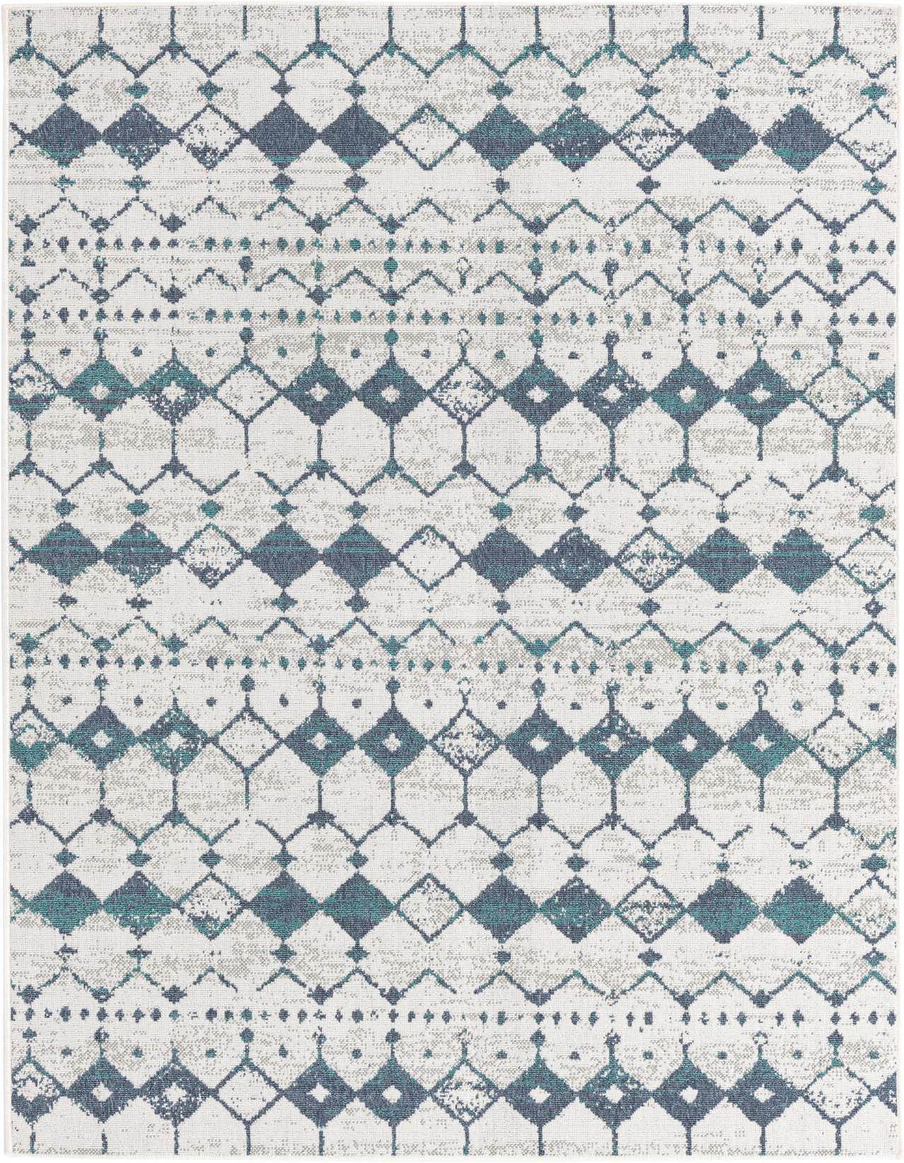 A 5x8 rectangular indoor/outdoor rug featuring a transitional geometric lattice pattern in varying shades of blue and gray on a white background.