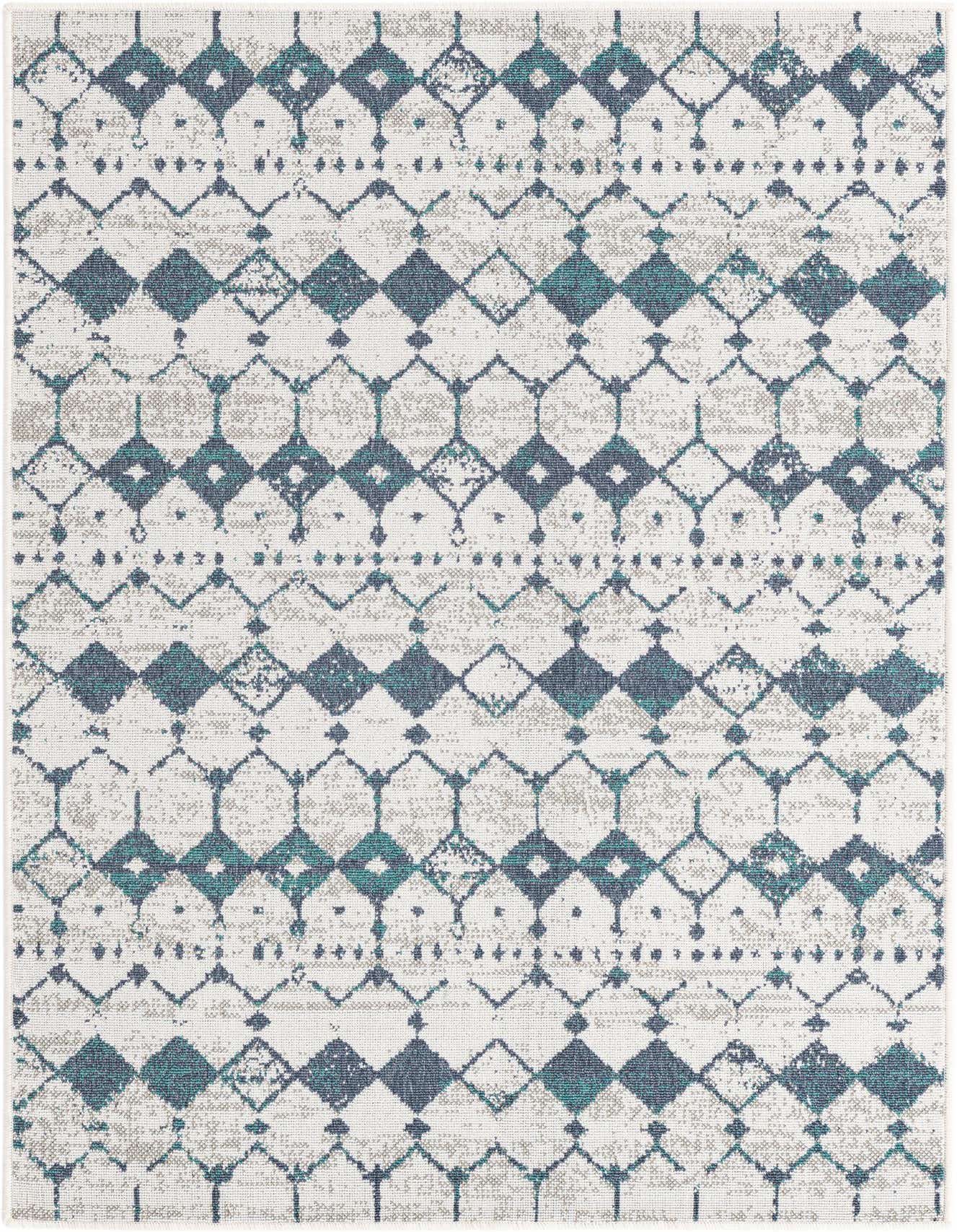 A 4x6 rectangular indoor/outdoor rug featuring a distressed blue and teal trellis pattern on a light background, ideal for a patio or living room.
