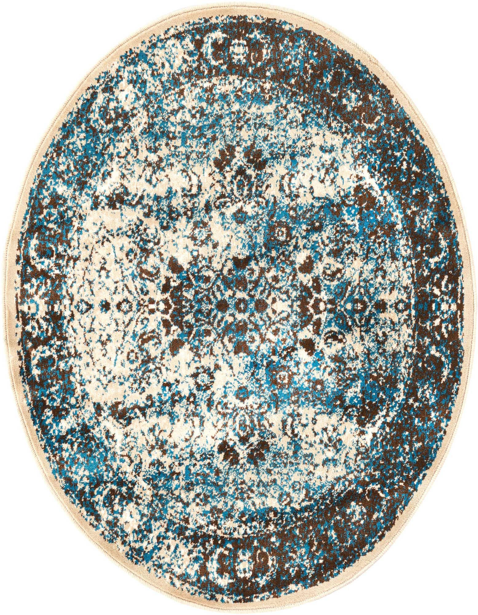 A 3' 3 round blue and cream bohemian rug with a distressed medallion pattern, ideal for an indoor space.
