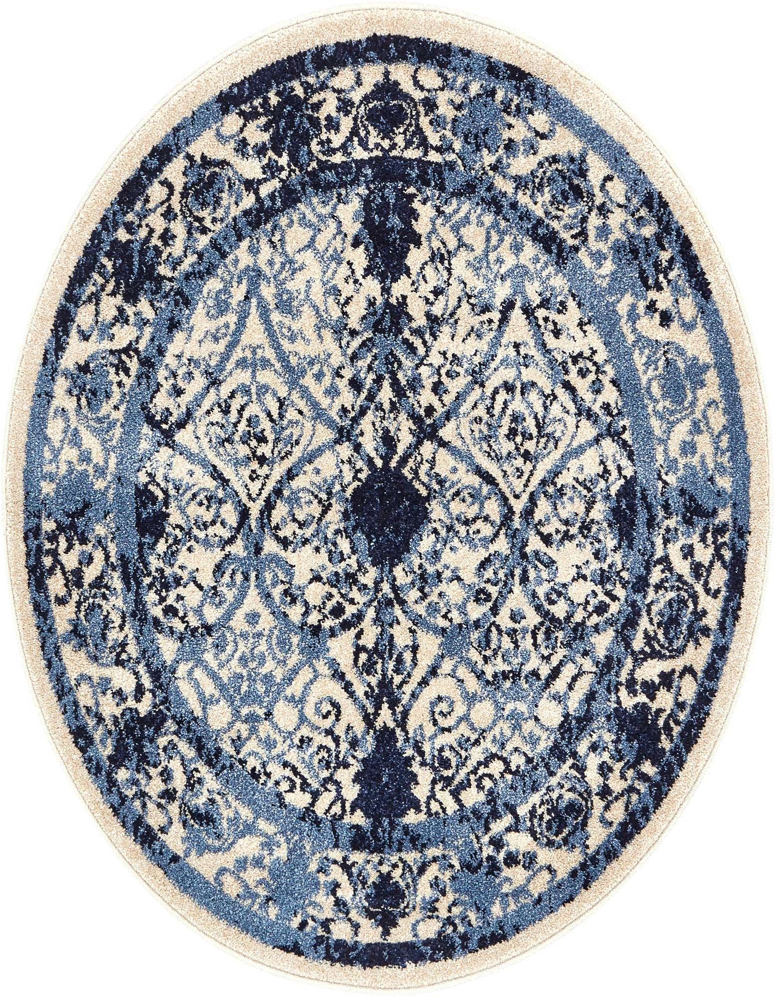 A 3' round blue and cream traditional rug with intricate botanical and floral patterns, ideal for an indoor space.