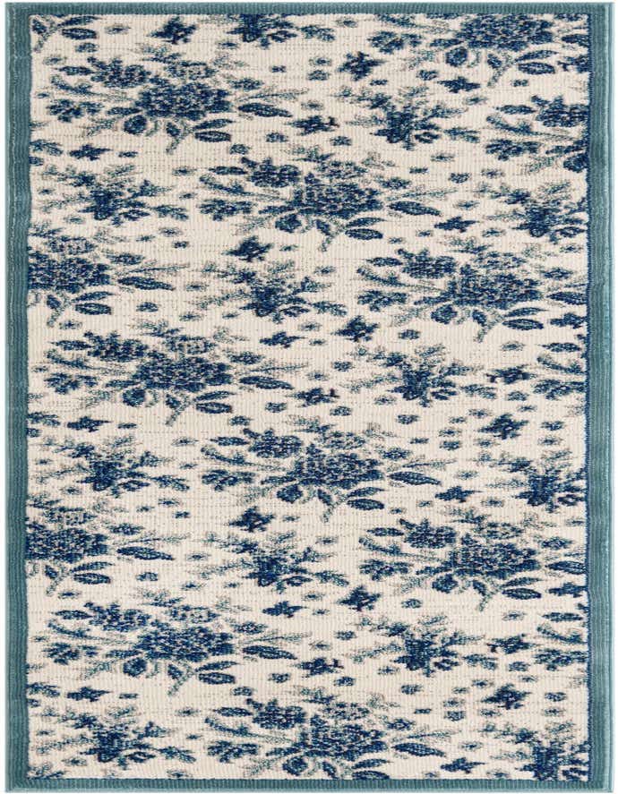 A 6 ft runner rug with a repeating pattern of blue floral motifs and a solid blue border on a cream background.