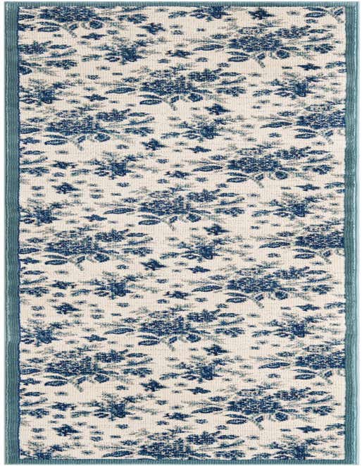 An 8 ft runner rug featuring a detailed blue floral pattern with green leaves on a cream background, bordered by solid blue.