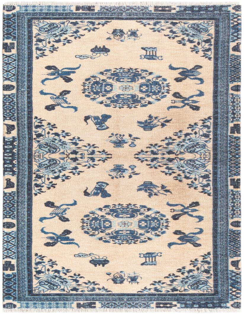 A 5 ft runner rug featuring a traditional Asian-inspired medallion and floral pattern in various shades of blue on a light beige background, perfect for a hallway.