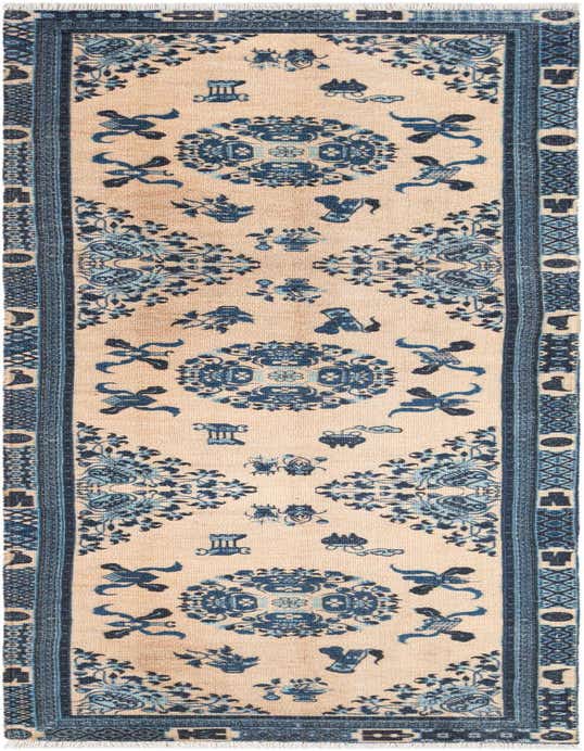 An 8 ft runner rug from Rugs.com Boutique collection, featuring a traditional Asian medallion pattern in various shades of blue on a light beige background, perfect for a hallway.