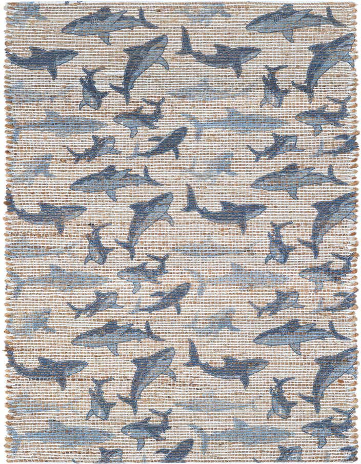 A 6 ft runner rug featuring a playful pattern of blue sharks on a natural tan and white chenille and jute weave.
