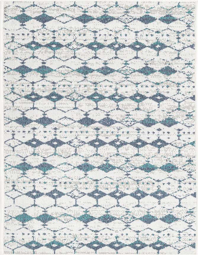 A 6 ft runner rug with a transitional bohemian pattern in shades of blue and white, suitable for a hallway or patio.
