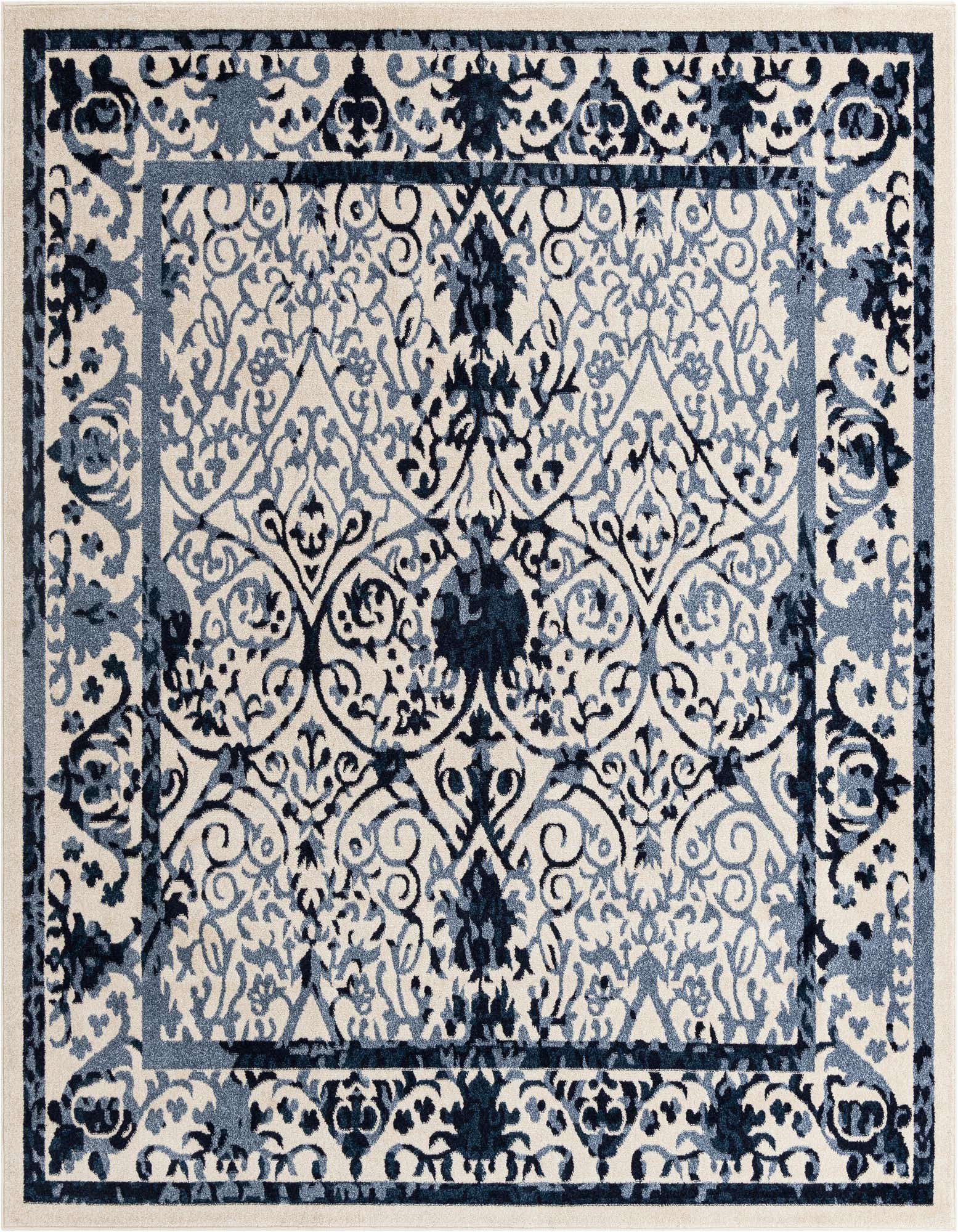 A 10'x10' square Rugs.com Miranda rug featuring an intricate traditional blue floral and botanical pattern on a cream background.