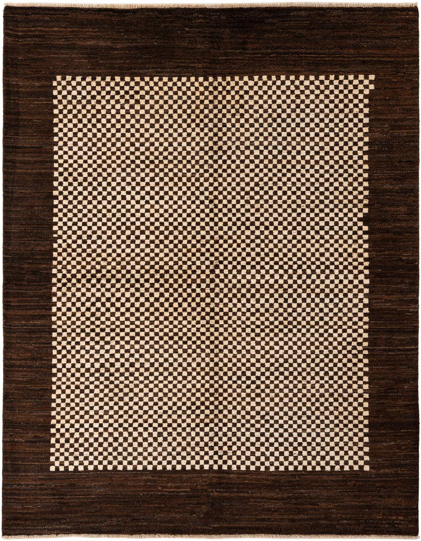 A 5x8 rectangular Modern Ziegler rug featuring a tight ivory and brown checkerboard pattern framed by a wide, solid brown border.