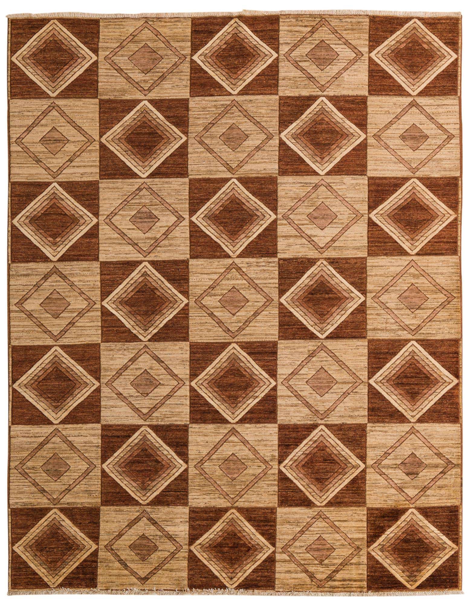 A 9x11 rectangular Modern Ziegler rug featuring an alternating pattern of ivory and brown squares, each containing concentric diamond shapes, made of 100% wool.
