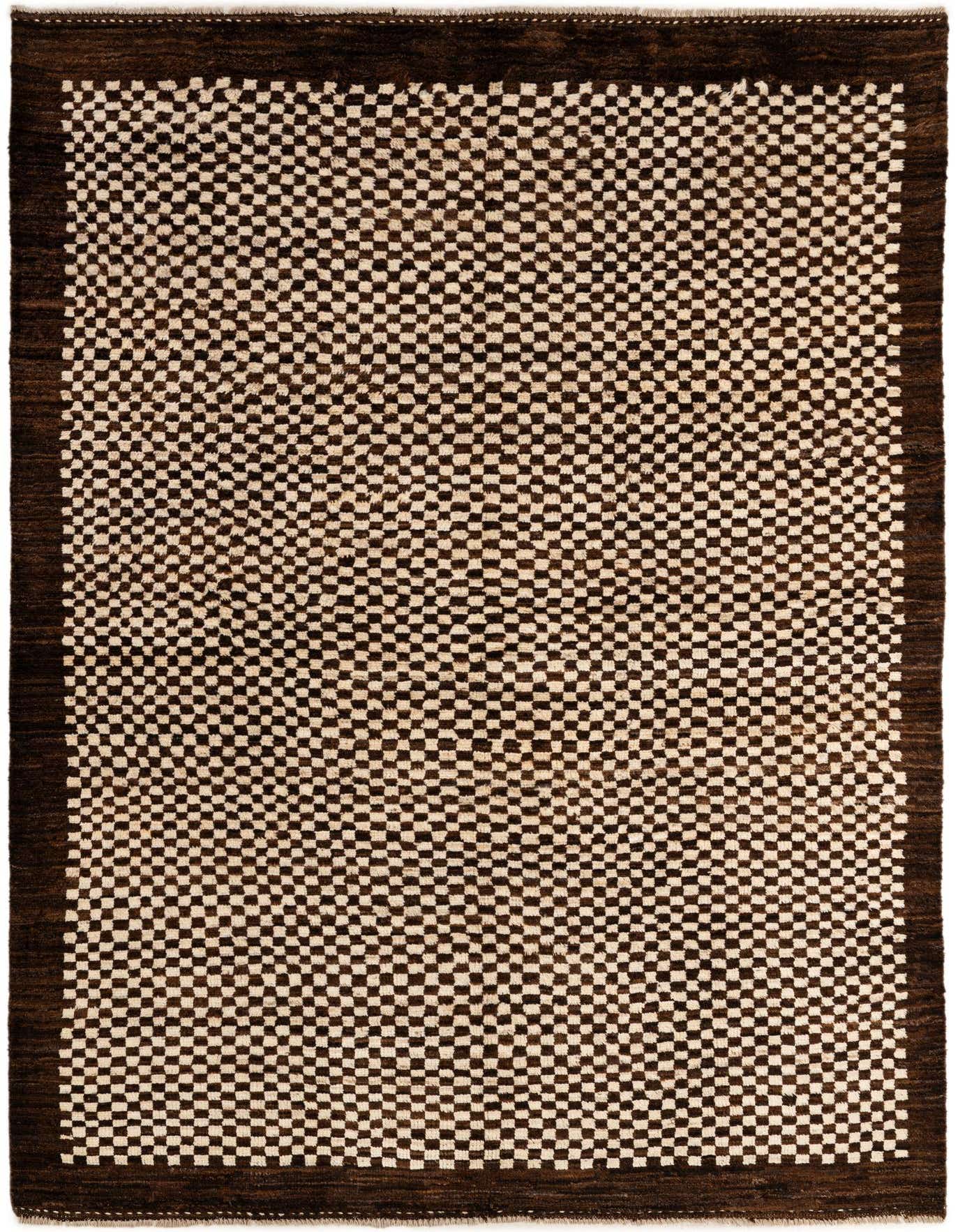 A 5x8 rectangular Moroccan rug with an ivory and brown checkerboard pattern and a solid brown border.