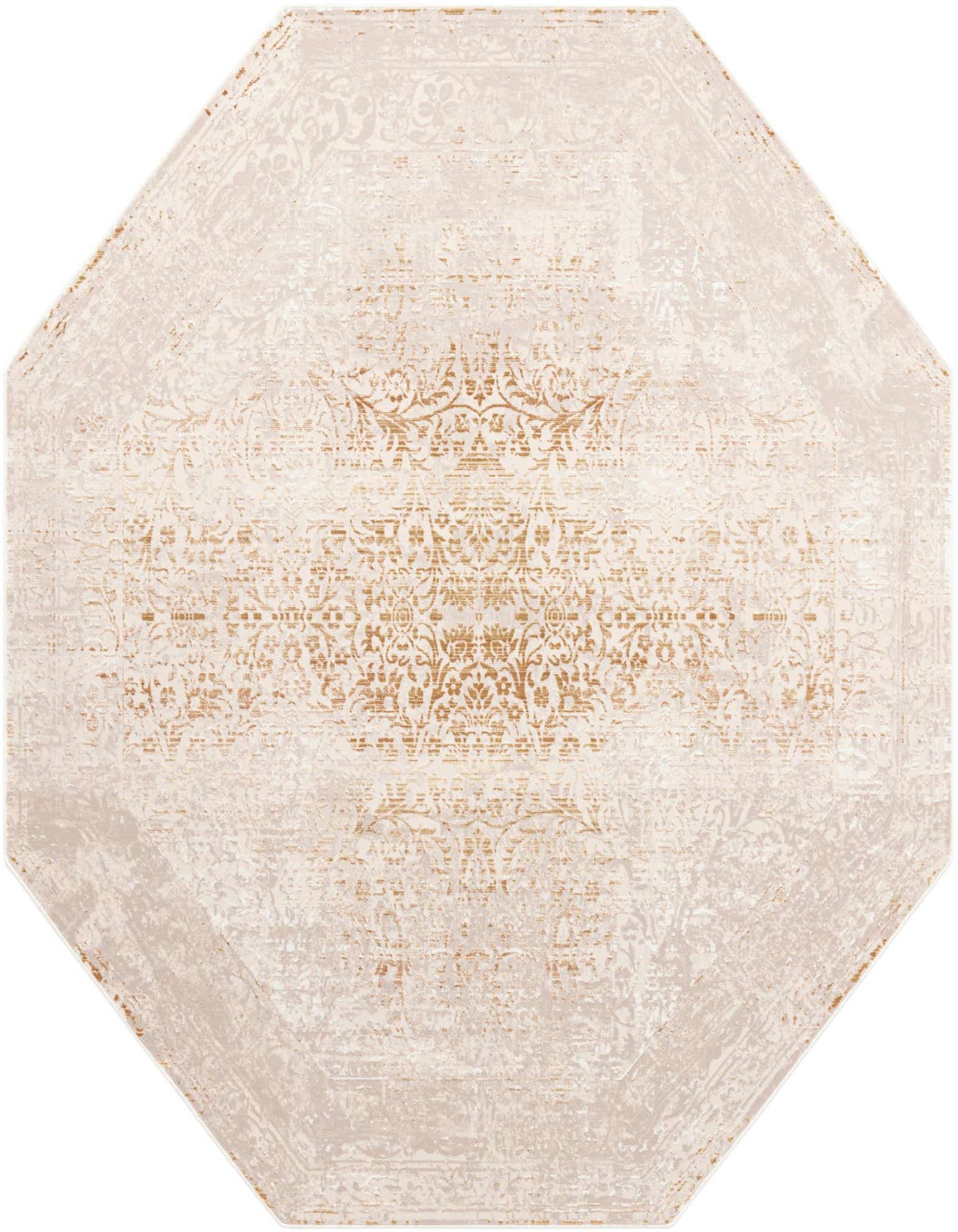 An ivory and gold octagon rug with a distressed traditional medallion pattern, ideal for a living room or dining area.