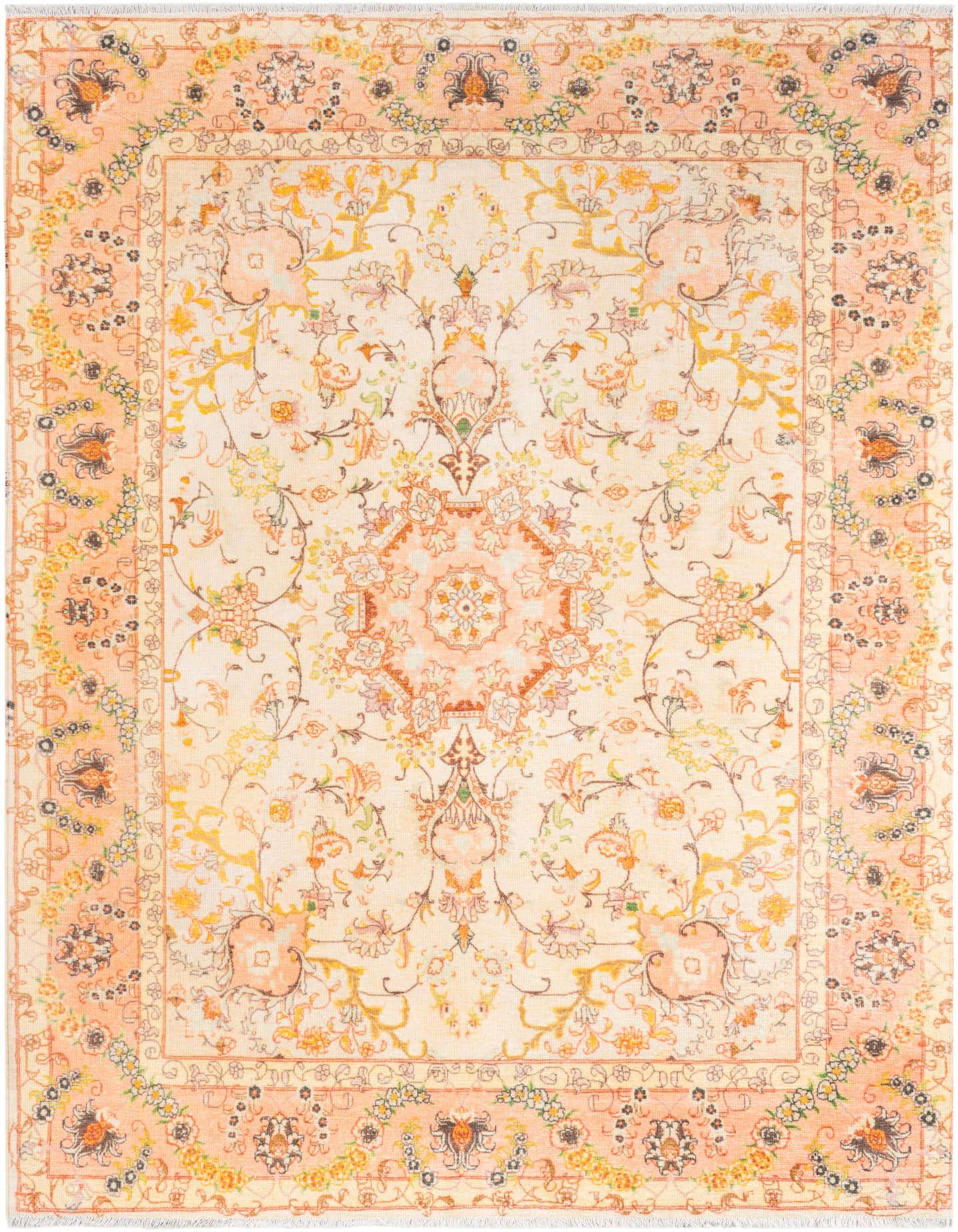 A 5x8 rectangular ivory and gold traditional medallion chenille rug with intricate floral patterns and a subtle border.