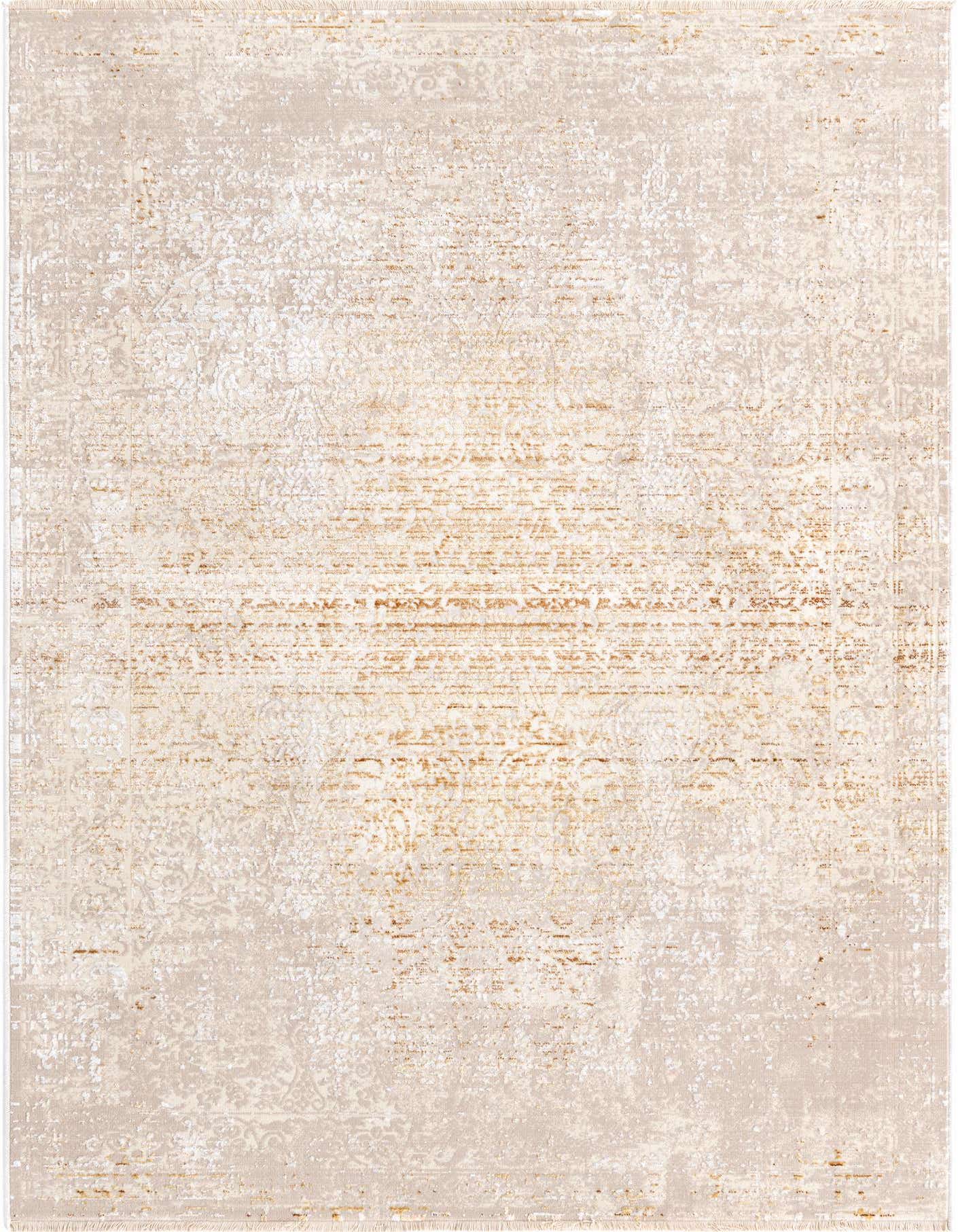 A rectangular 4x6 Deepa rug in ivory and gold, featuring a distressed traditional medallion pattern, ideal for a living room.