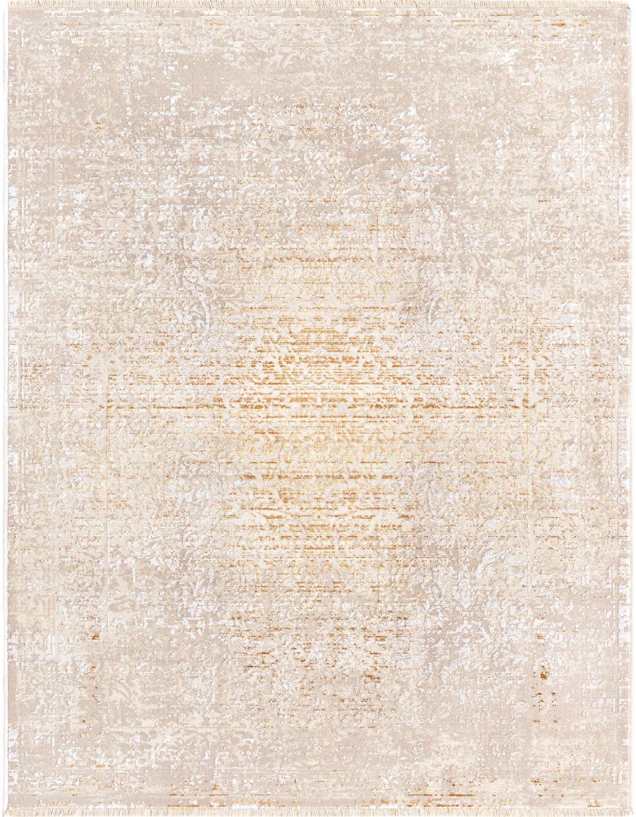 A 3x5 rectangular Deepa rug in ivory and gold, featuring a distressed traditional medallion pattern, suitable for a living room or bedroom.