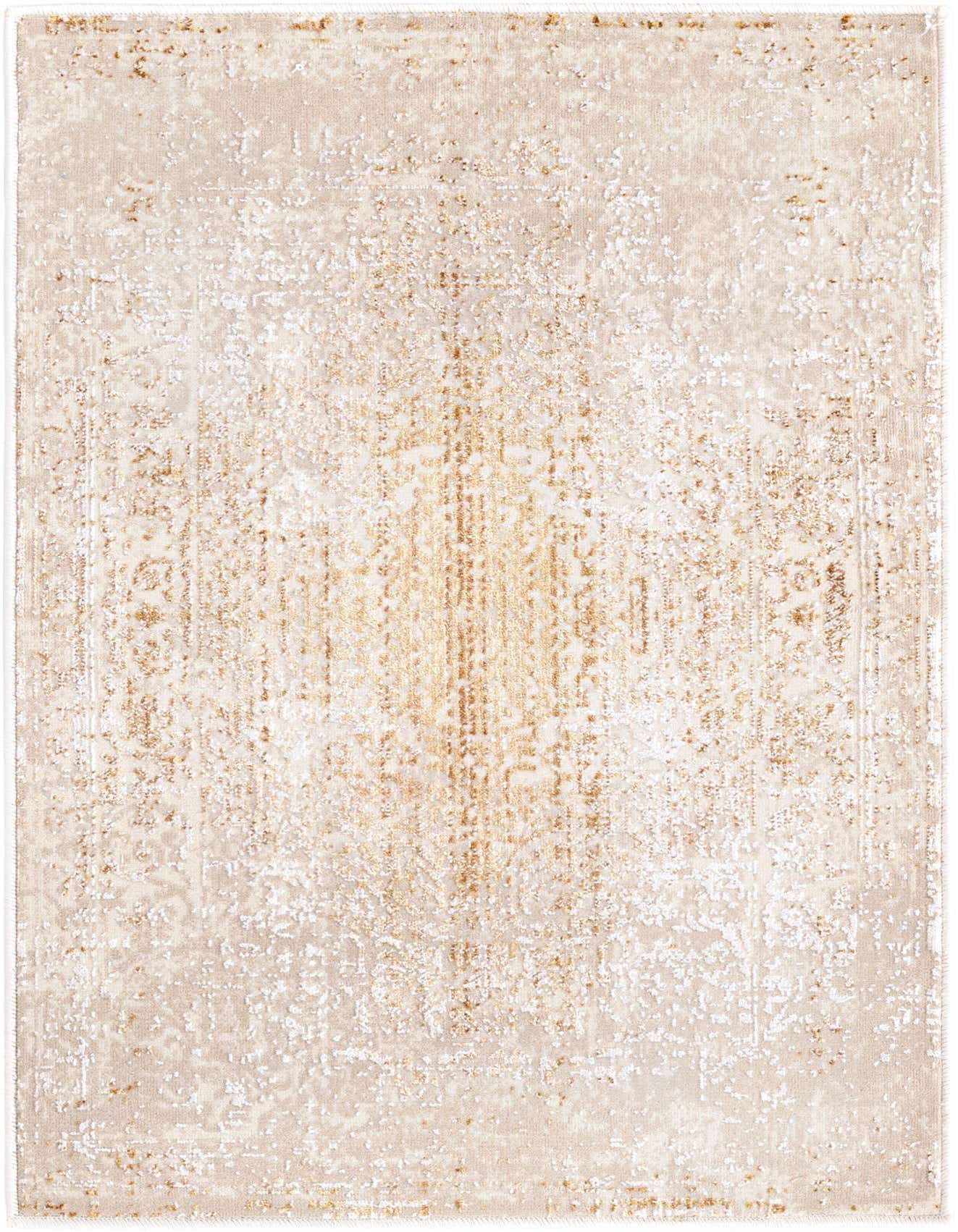 A 2x3 rectangular Deepa rug in ivory and gold, featuring a distressed traditional medallion pattern.