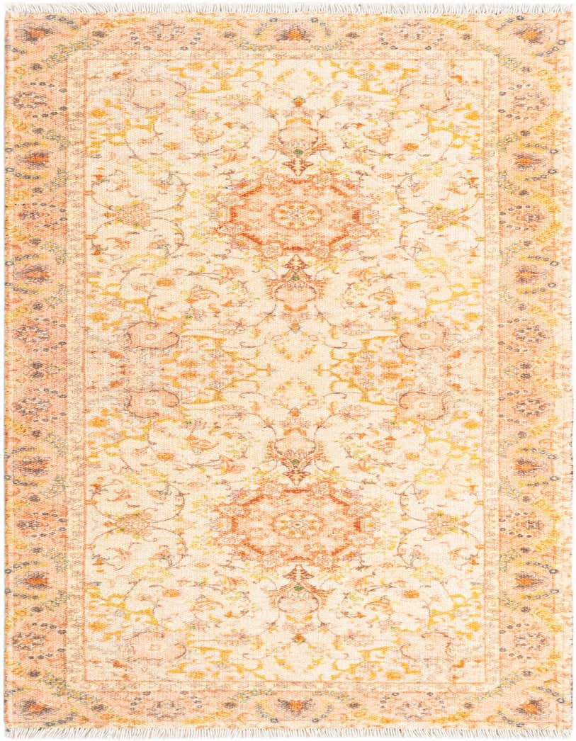 A 5 ft runner rug in ivory and gold, featuring a traditional medallion pattern and fringe ends, ideal for a hallway.