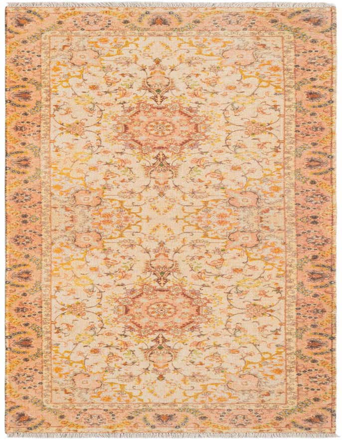 A 6 ft runner rug featuring a traditional medallion pattern in ivory, gold, and peach tones, with fringed ends.