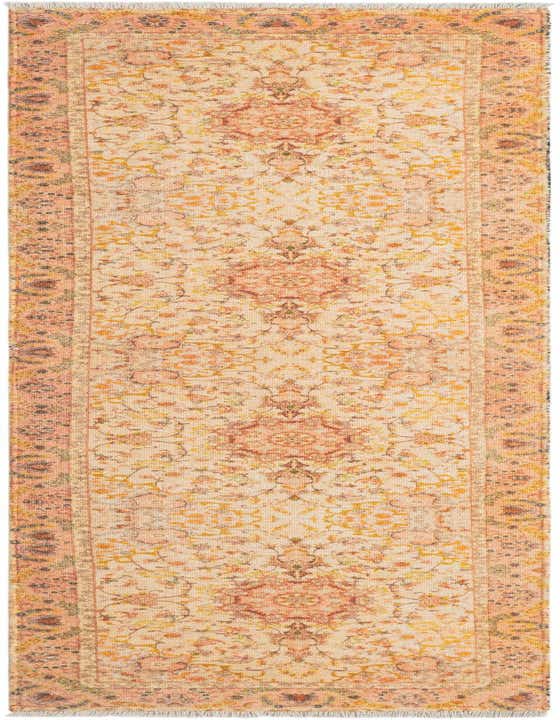 An 8 ft runner rug in ivory and gold, featuring a traditional medallion pattern and fringed ends, ideal for a hallway.