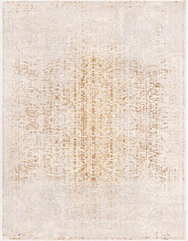 A 6 ft runner rug in ivory and gold with a distressed traditional medallion pattern, ideal for a hallway.