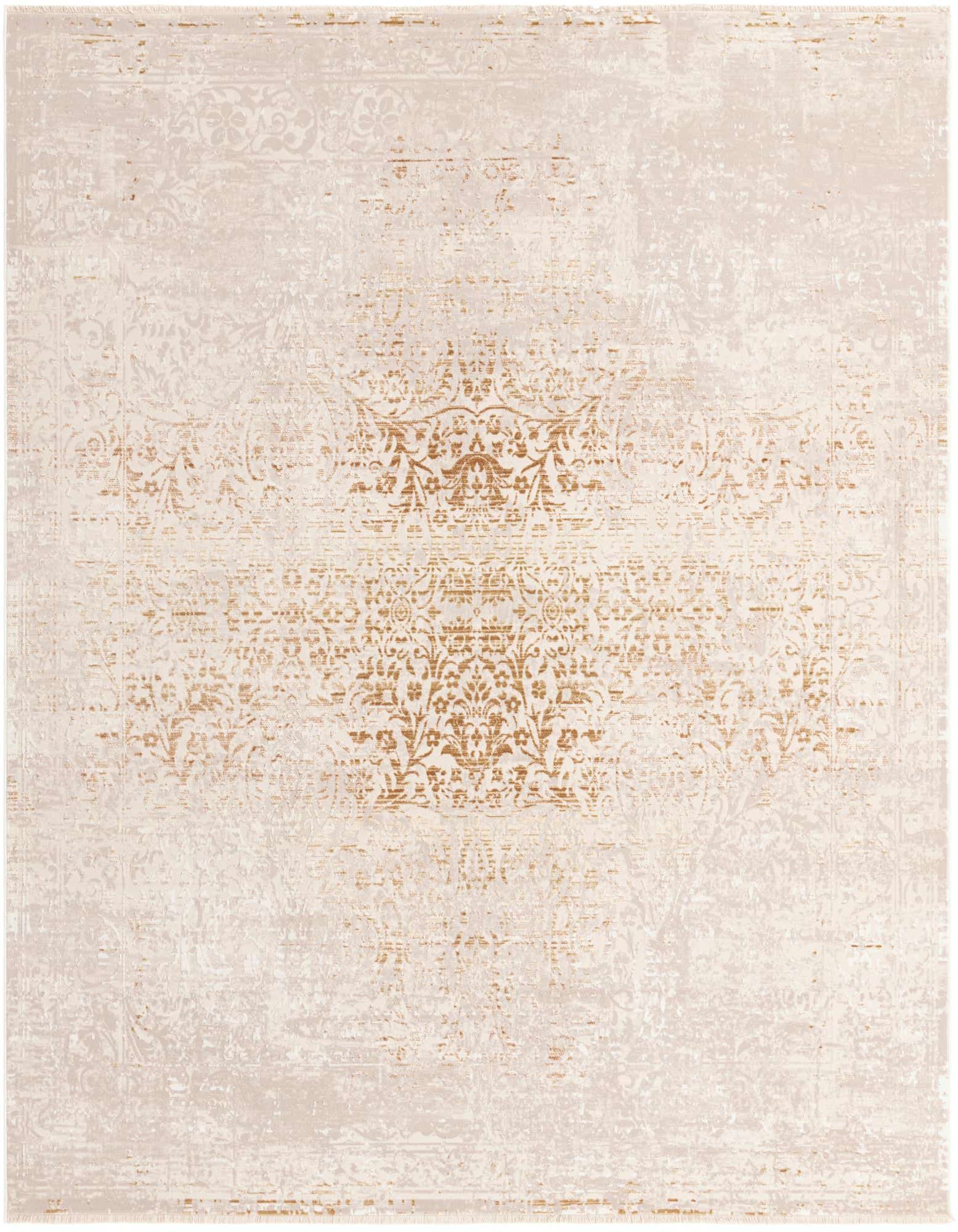 A square ivory and gold area rug with a distressed traditional medallion pattern, ideal for a living room.