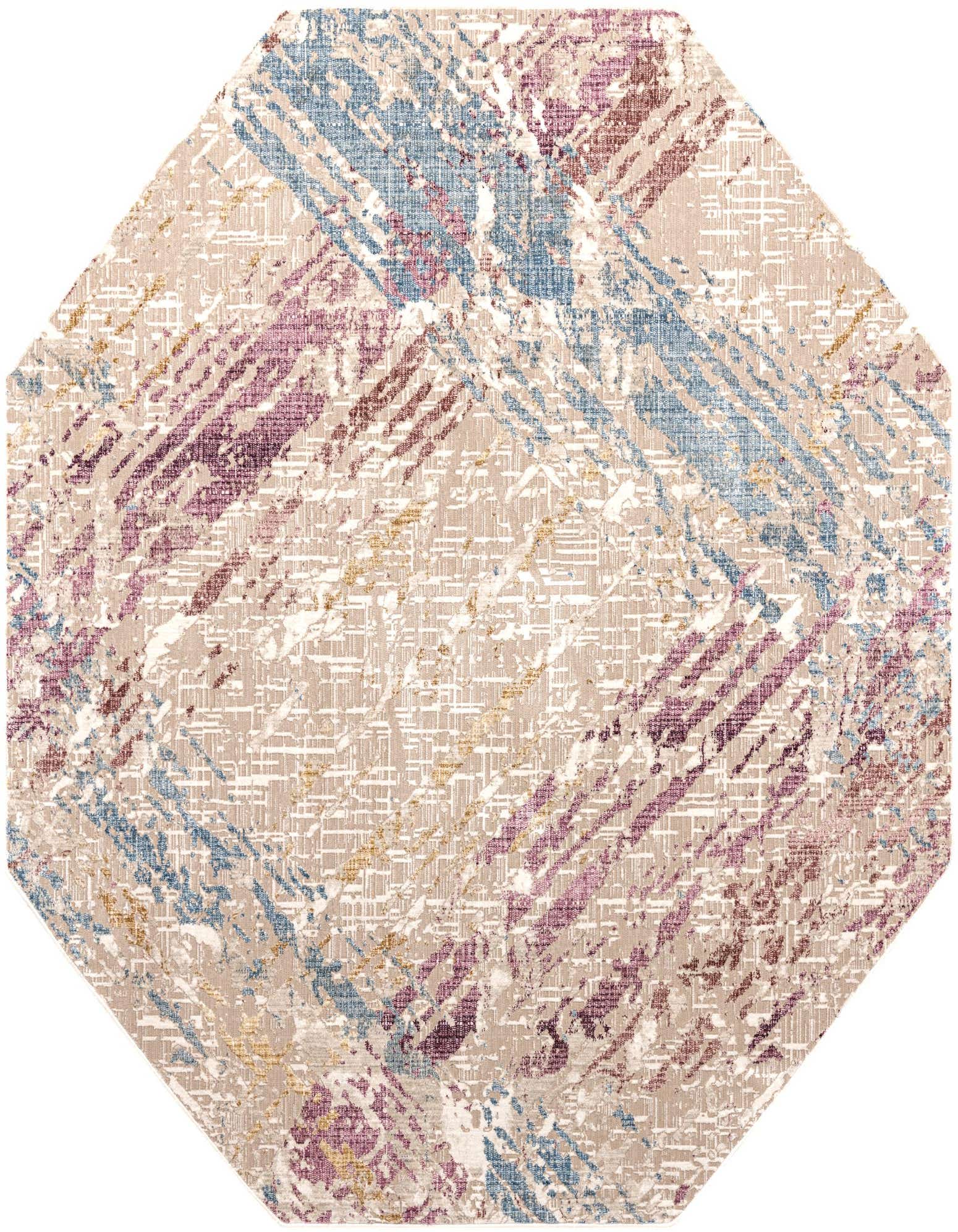 Octagon rug with a modern abstract stripe pattern in ivory, cream, gray, and silver tones.