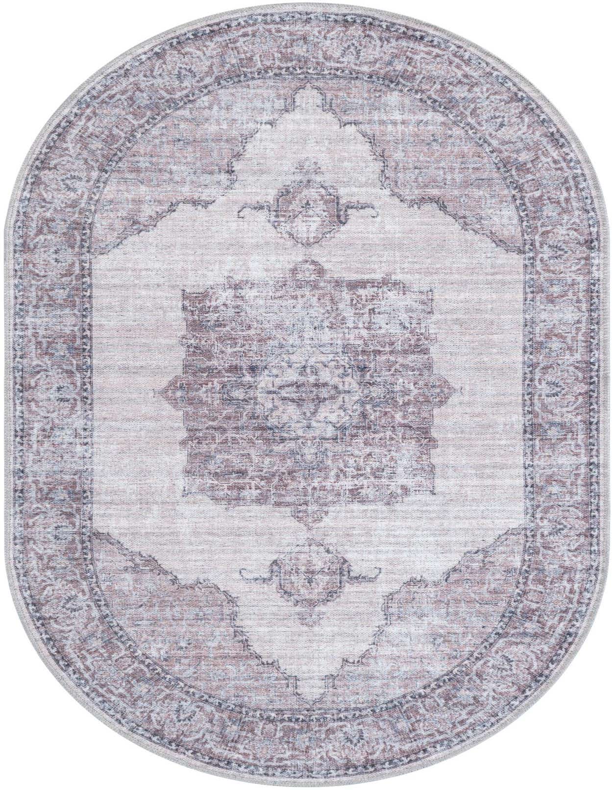 An oval Mangata rug, 3' 3 x 5' 3, featuring a distressed ivory and gray traditional medallion pattern with a subtle border.
