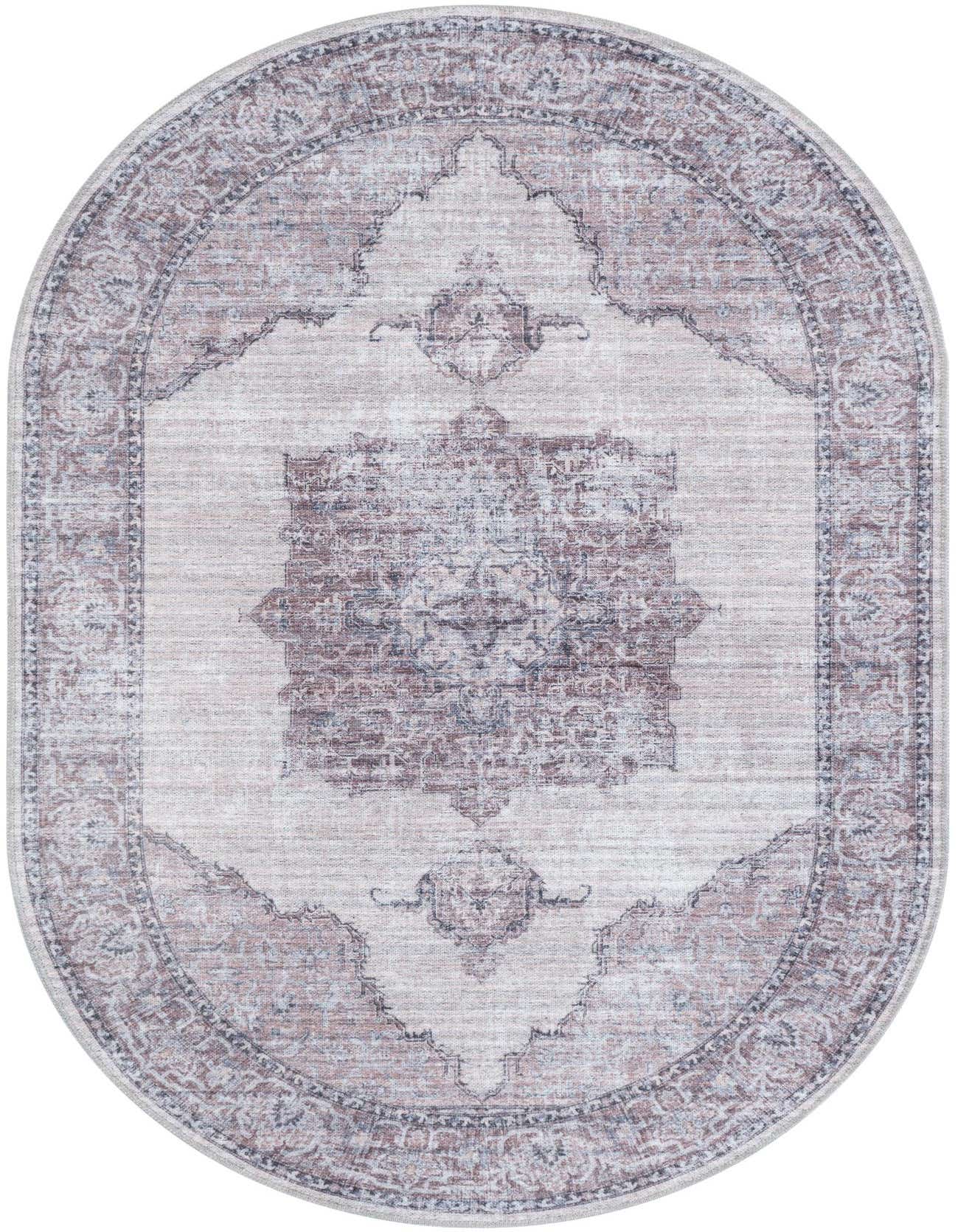An oval 4'x6' ivory and gray traditional medallion rug with a distressed vintage pattern.