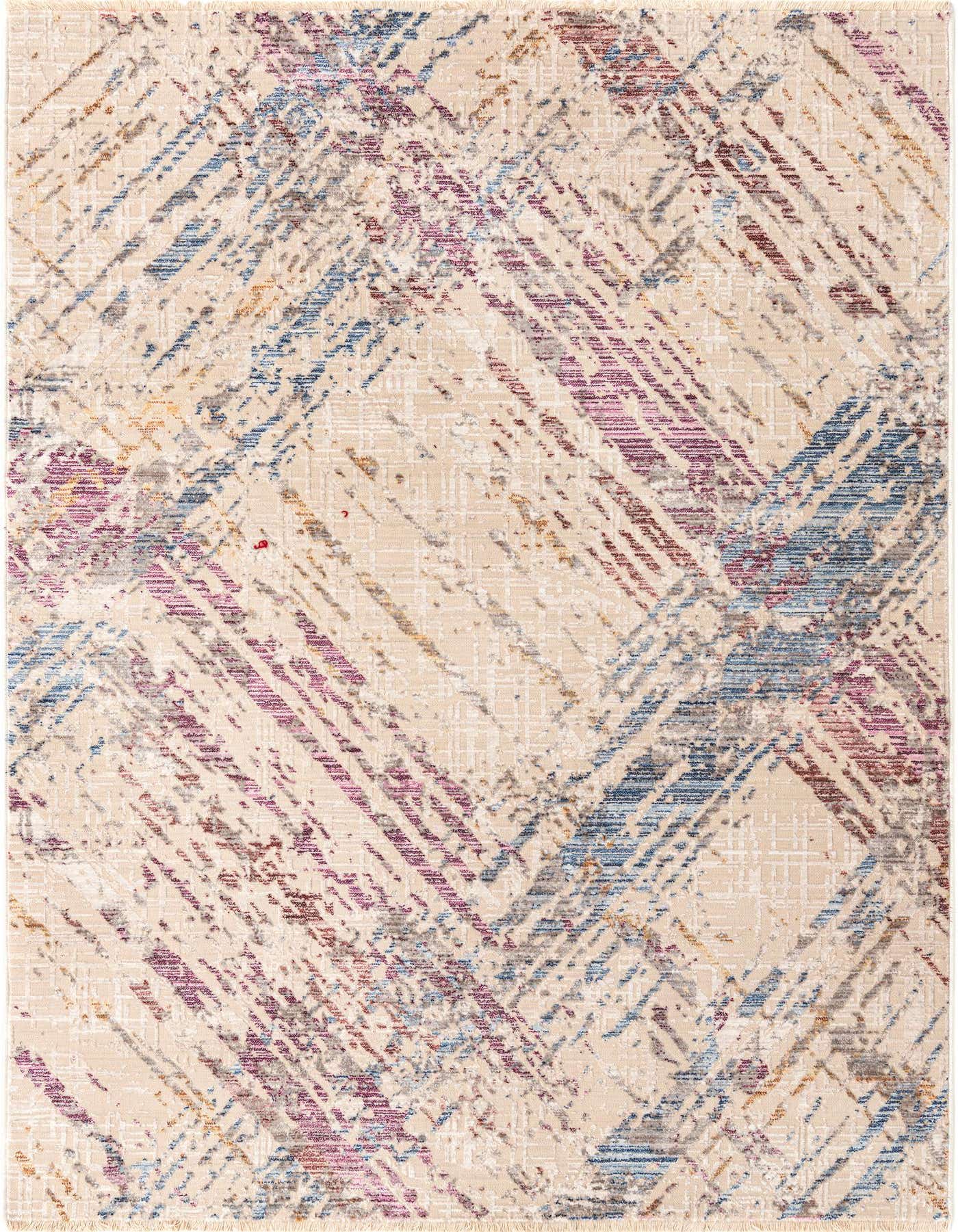 A 4x6 rectangular Deepa rug from Rugs.com features a modern abstract stripe pattern in ivory, cream, gray, and subtle hints of blue and purple.