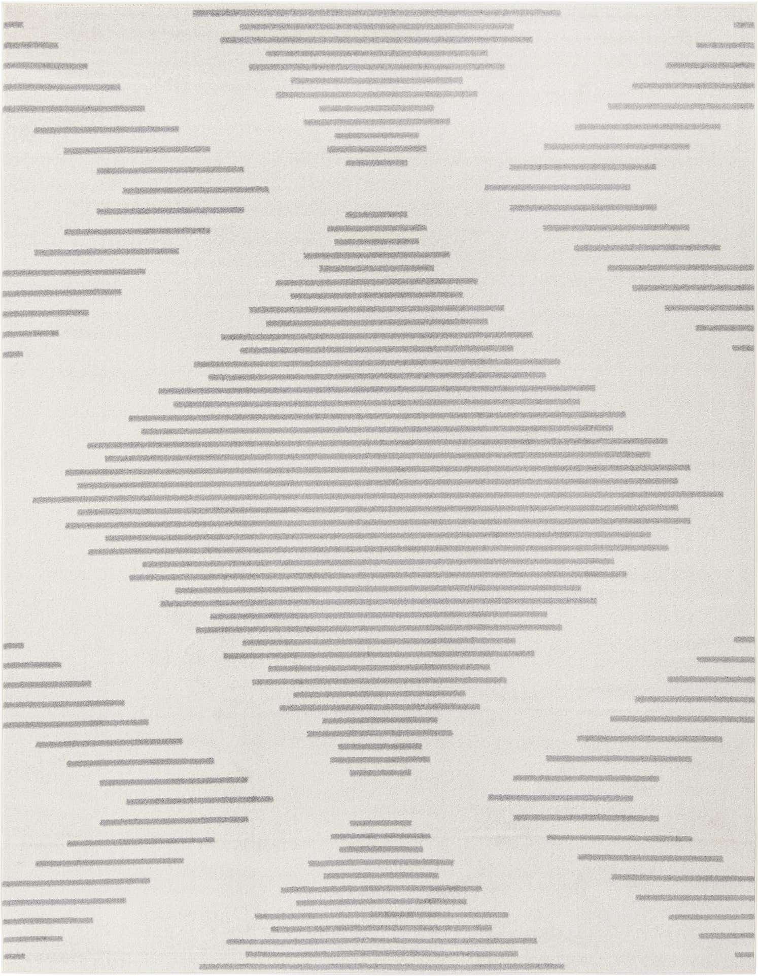 A 9x12 rectangular ivory and gray area rug with a modern striped diamond pattern, ideal for a living room.