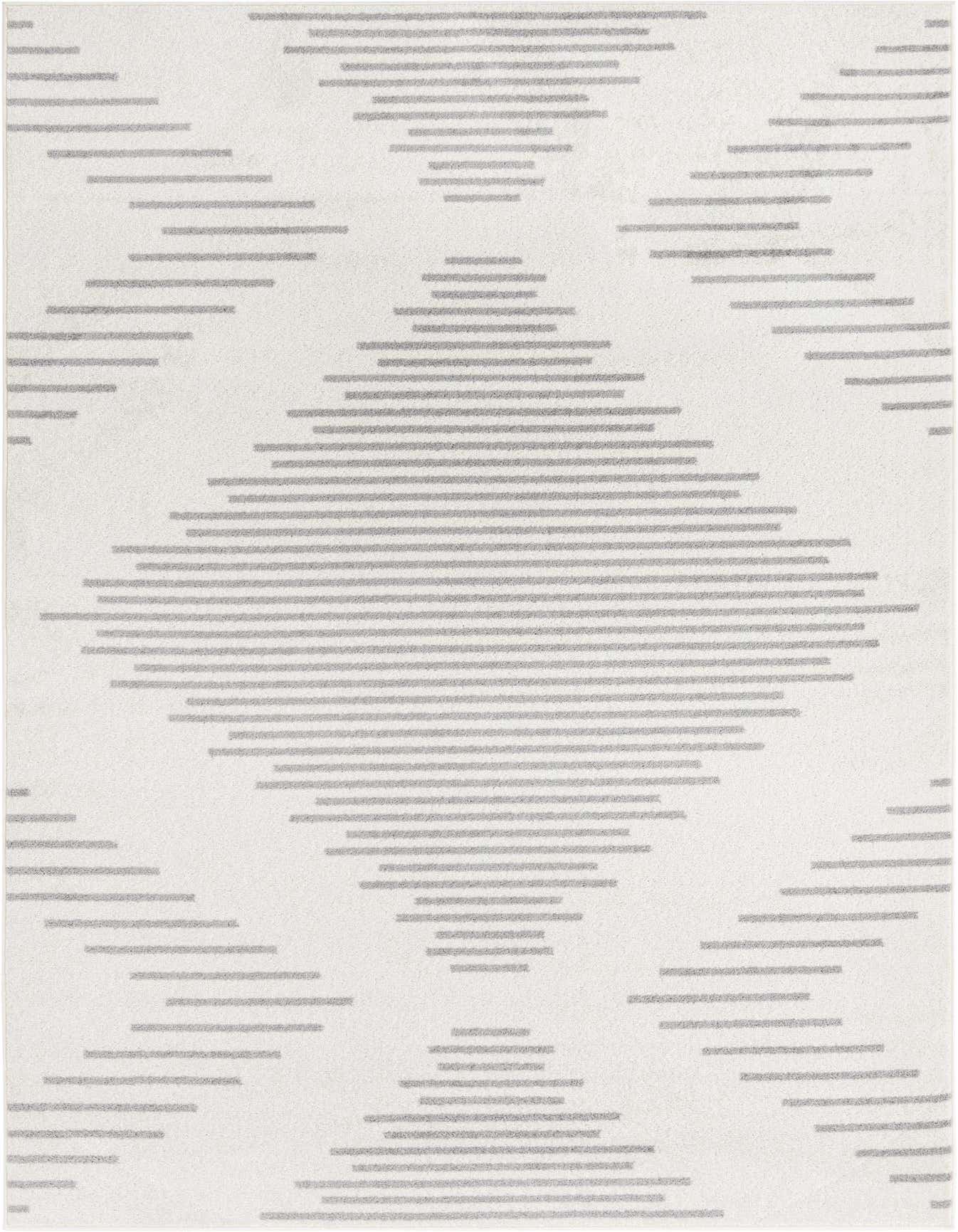 A 6x9 rectangular ivory and gray area rug with a modern stripe pattern, ideal for a living room.