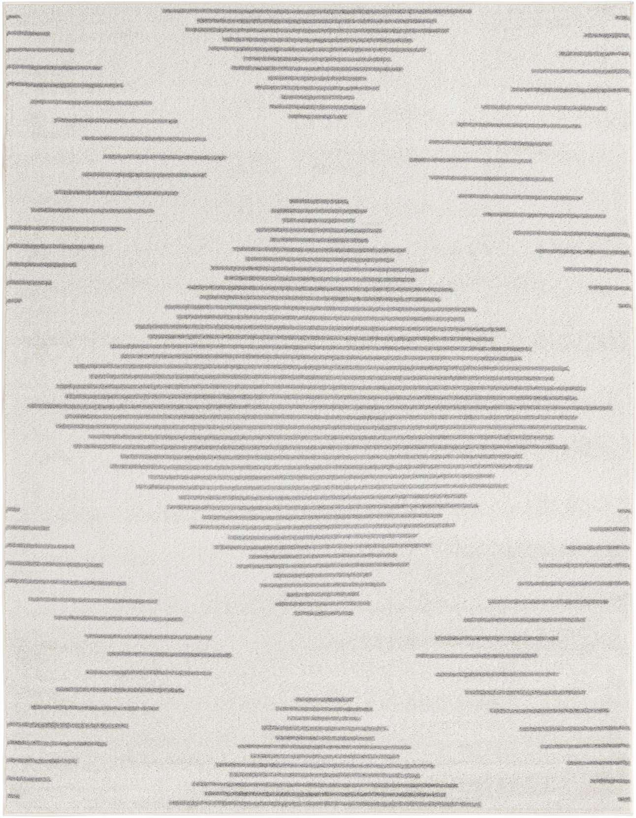 A 5x8 rectangular ivory area rug with a modern gray striped pattern, ideal for a living room.