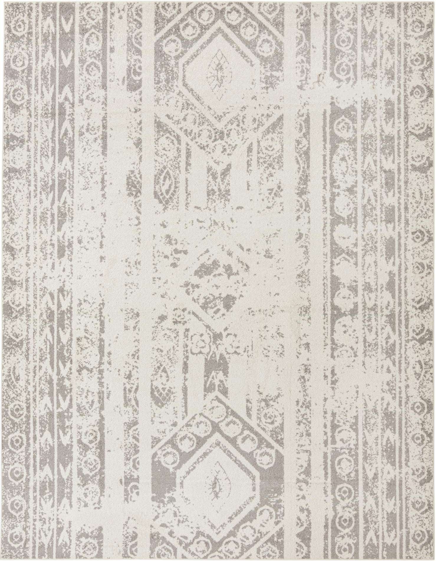 A 10x13 rectangular ivory and gray Southwestern rug with a distressed tribal stripe pattern, suitable for a living room.