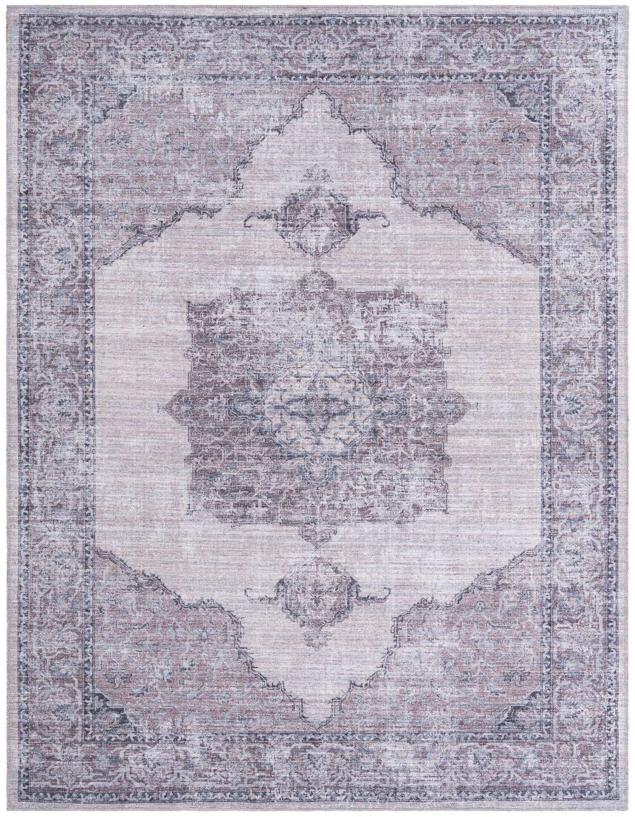 A 6x9 rectangular ivory and gray traditional medallion rug with a distressed, vintage look, suitable for a living room.