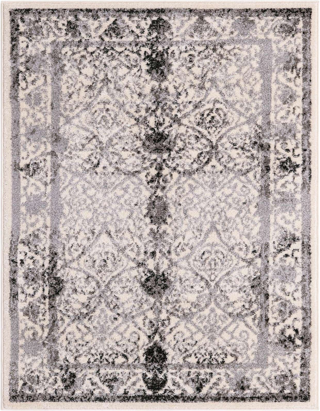 A 3x5 rectangular ivory and gray traditional rug with a distressed floral and medallion pattern, suitable for an entryway.