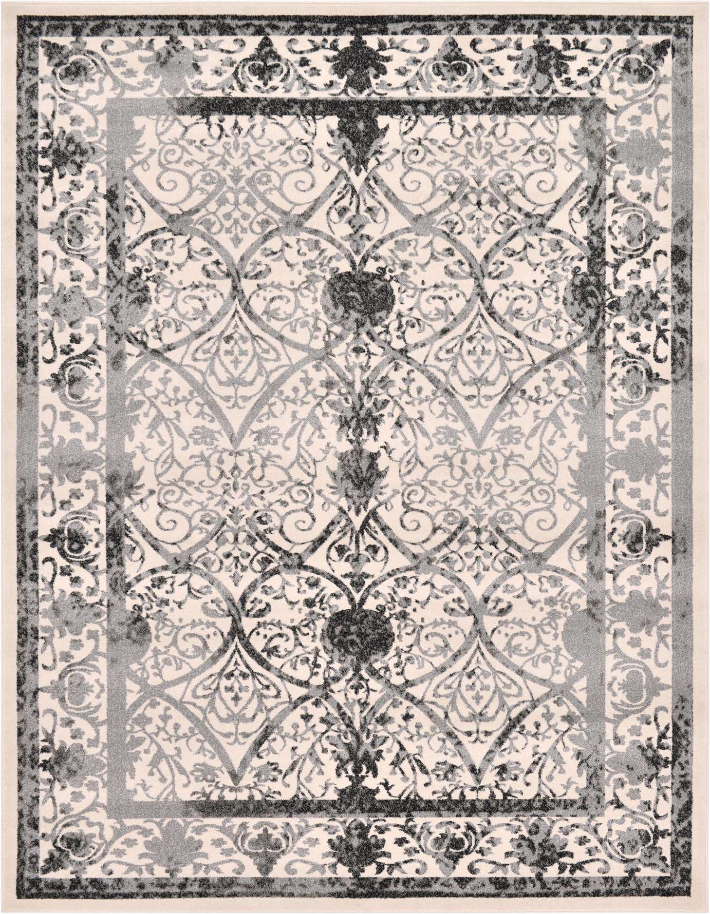 An 8x11 rectangular ivory area rug with a traditional floral medallion pattern in shades of gray and cream, suitable for a living room.