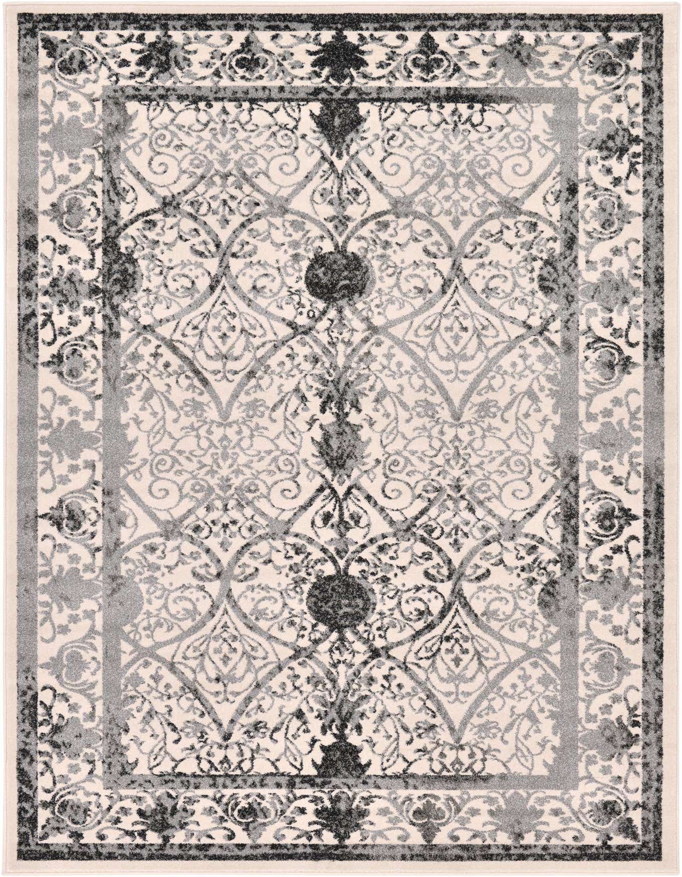 A 6x9 rectangular ivory area rug with a traditional gray and black botanical pattern and border, suitable for a living room.