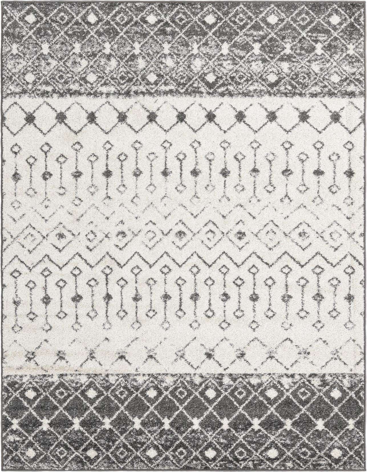 A 5x8 rectangular ivory and gray Moroccan Trellis rug with bohemian tribal patterns, ideal for a living room.