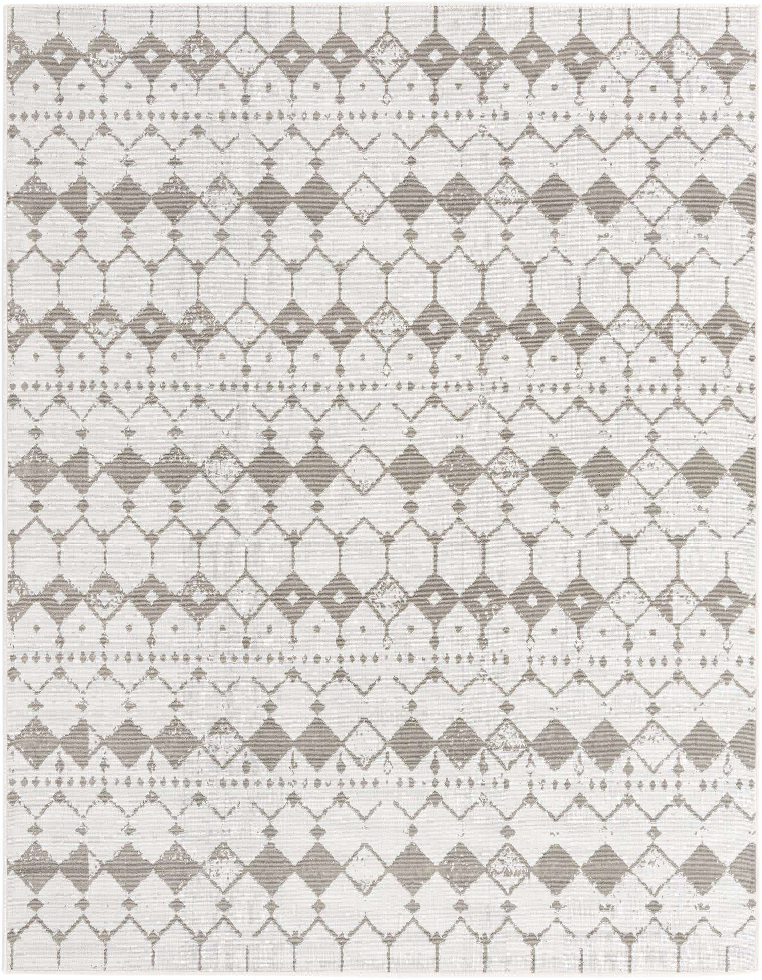An 8x10 rectangular ivory and gray transitional rug with a distressed geometric lattice and diamond pattern, suitable for indoor or outdoor use.