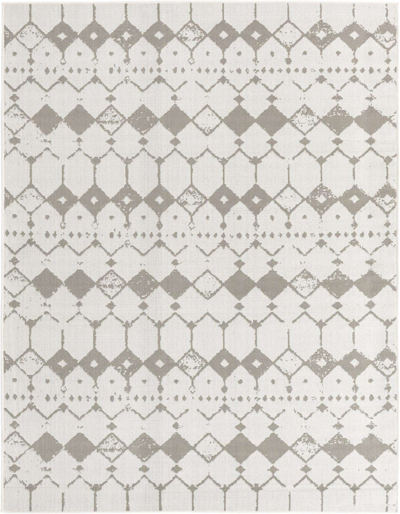 A 6x9 rectangular ivory and gray flatweave rug with a distressed geometric lattice pattern, suitable for indoor or outdoor use.