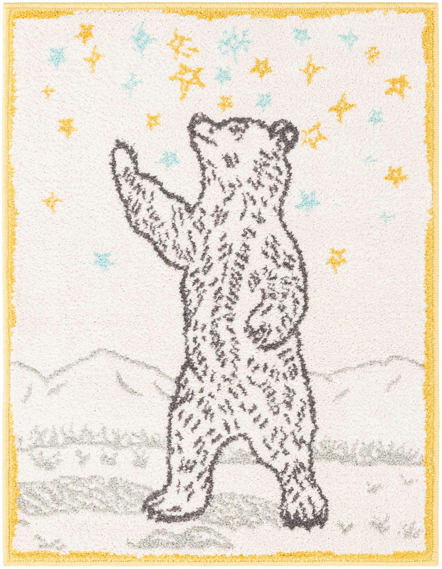 A 2x3 rectangular ivory rug featuring a gray bear reaching for yellow and blue stars, with a yellow border.