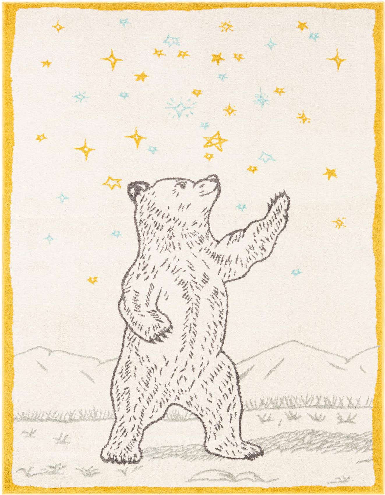 A rectangular ivory rug with a yellow border features a large gray bear reaching up towards yellow and blue stars, with mountains and grass at its feet.