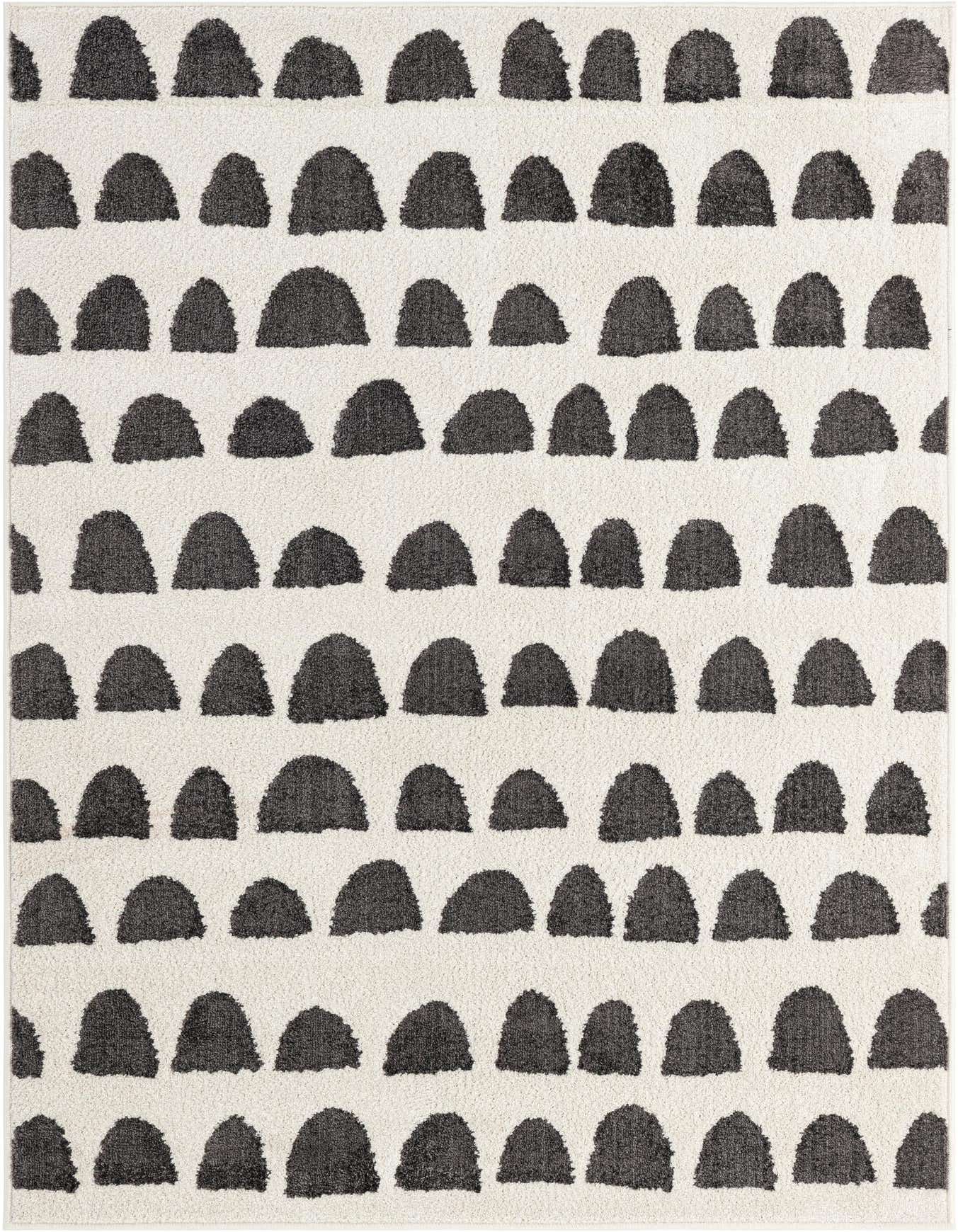 A 4x6 rectangular ivory rug with a modern abstract pattern of charcoal gray half-circle shapes arranged in rows.