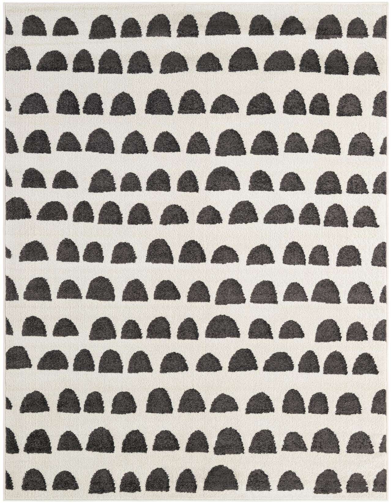 A 5x8 rectangular ivory rug with a modern pattern of horizontal rows of charcoal gray half-circles.