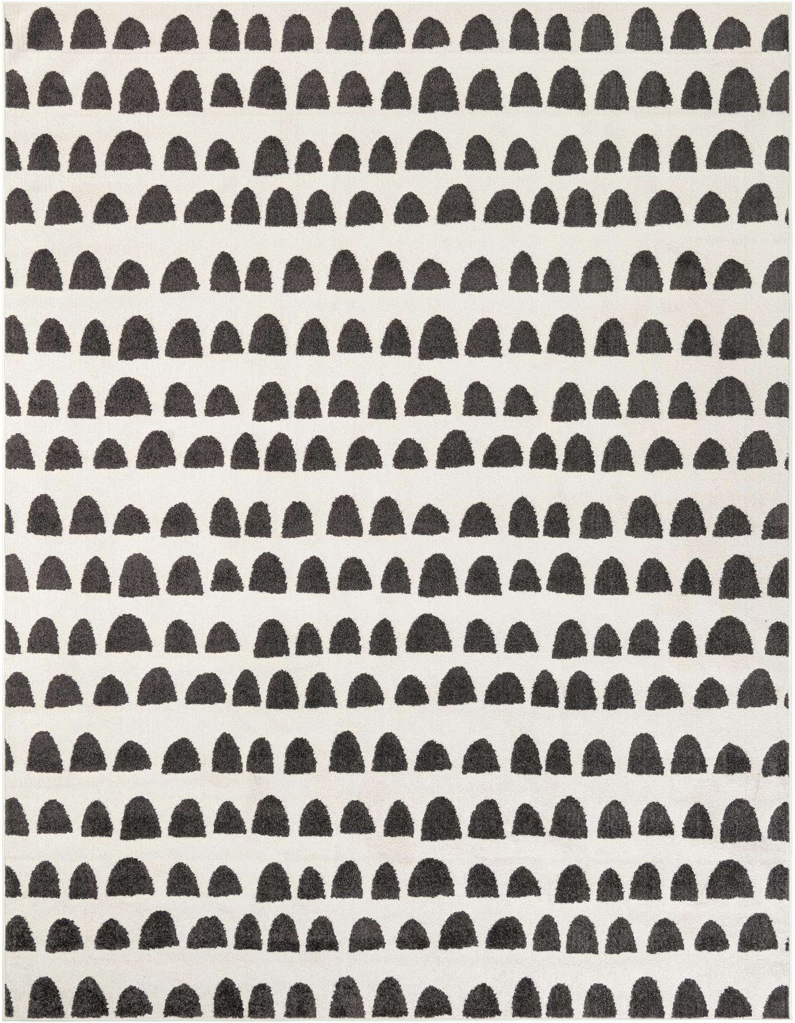 An 8x10 rectangular ivory and gray modern area rug featuring a playful abstract pattern of small, textured half-circle shapes arranged in rows.