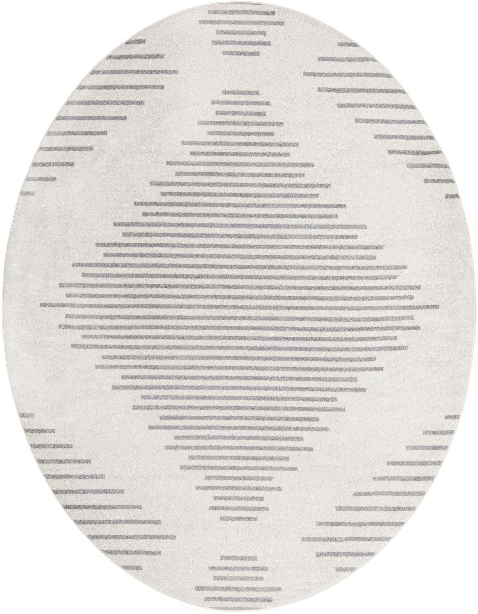 A round ivory and gray rug featuring a modern striped diamond pattern, ideal for a living room or bedroom.