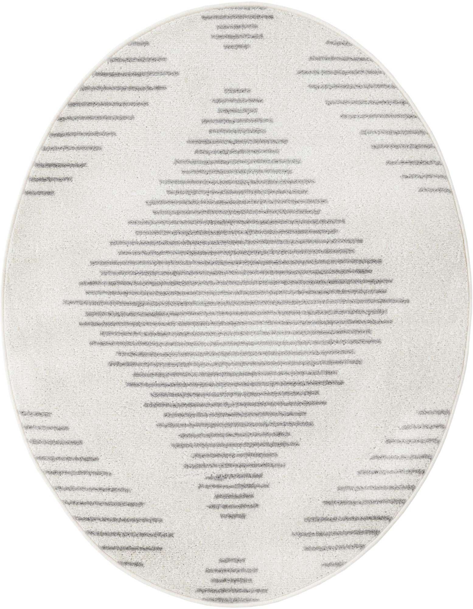 A 4' round ivory rug with a modern geometric pattern of horizontal gray stripes forming a large diamond shape.