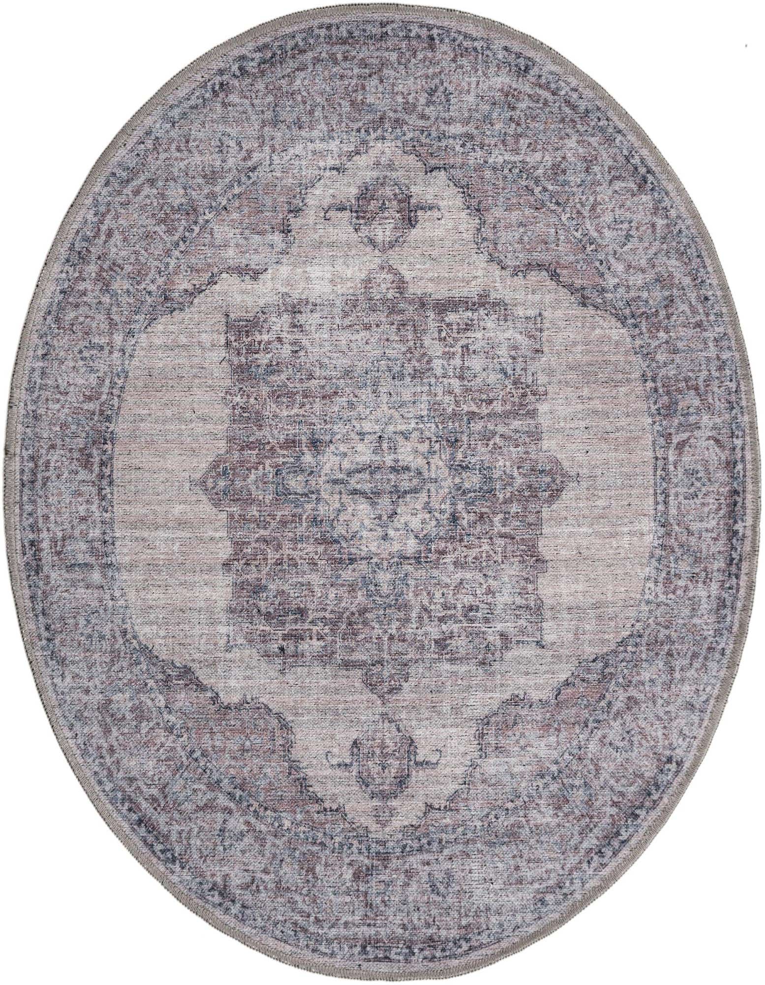 A 4' round ivory and gray traditional medallion rug with a vintage distressed look, suitable for an indoor patio.