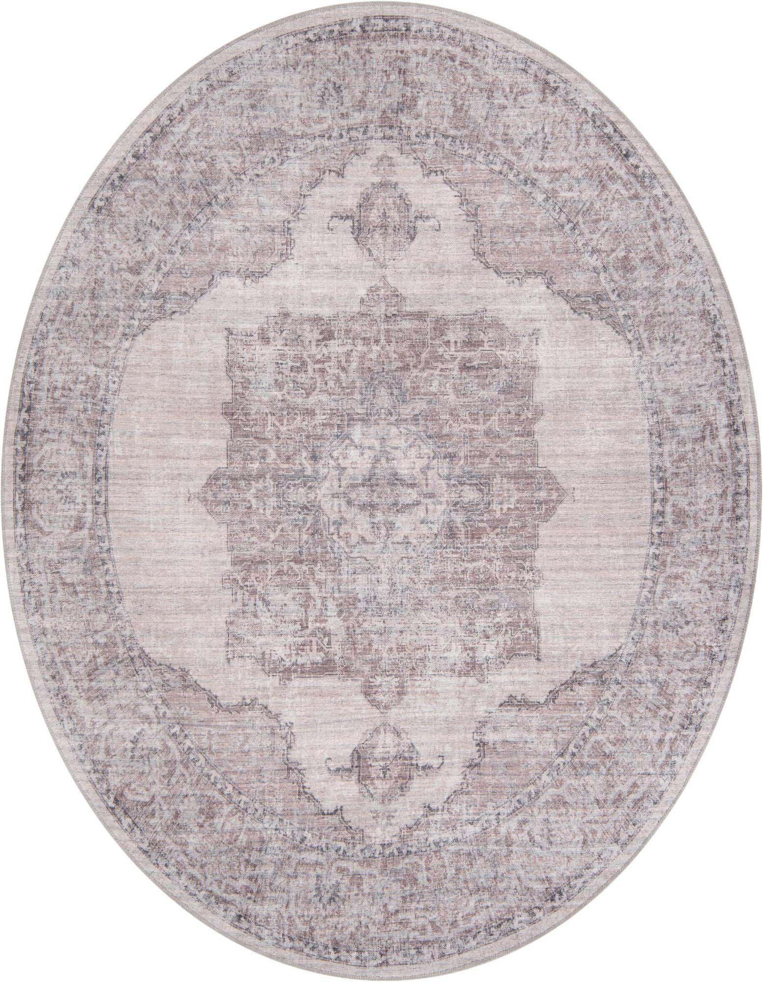 A 6' round ivory and gray traditional medallion rug with a vintage distressed look, suitable for an indoor living space.