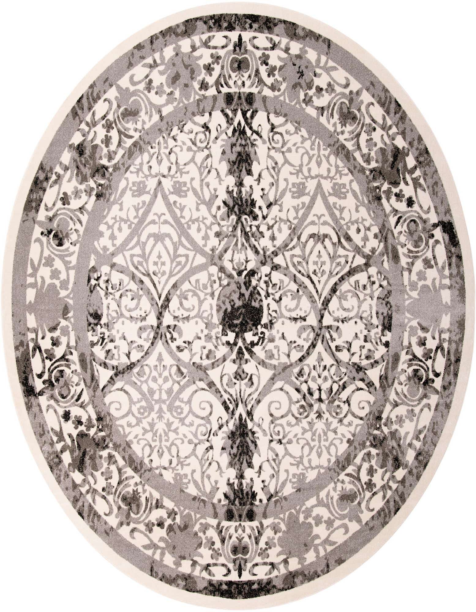 A large round ivory and gray traditional area rug with a detailed floral and botanical medallion pattern.