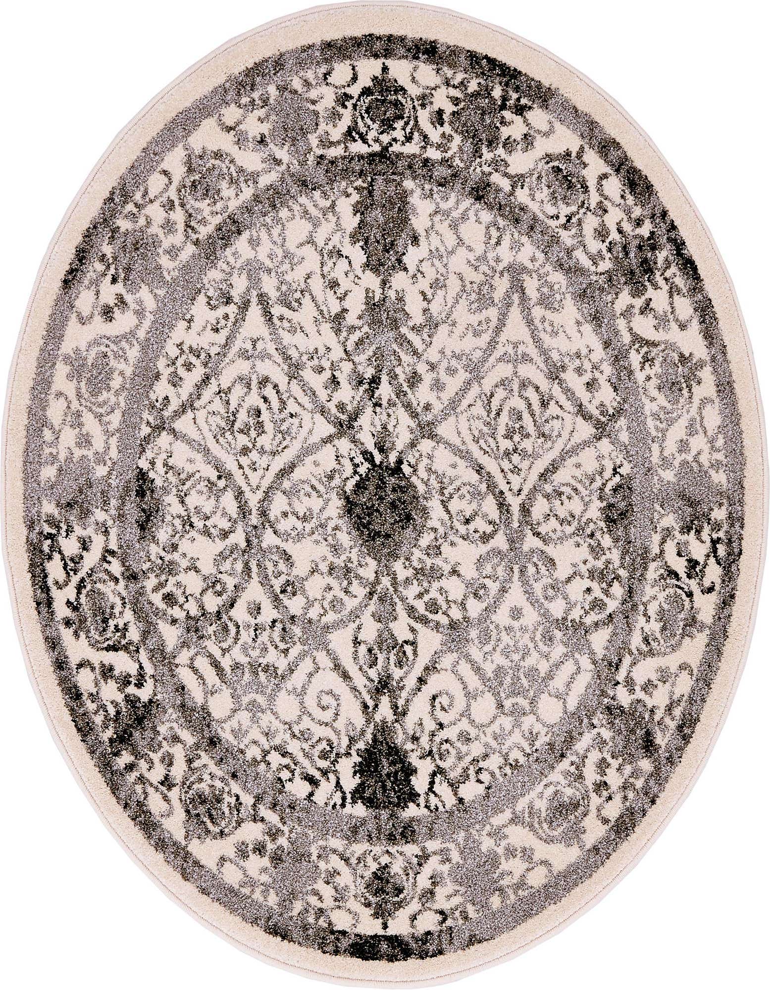 A 3' round ivory and gray traditional rug with an ornate floral medallion pattern, suitable for various indoor spaces.